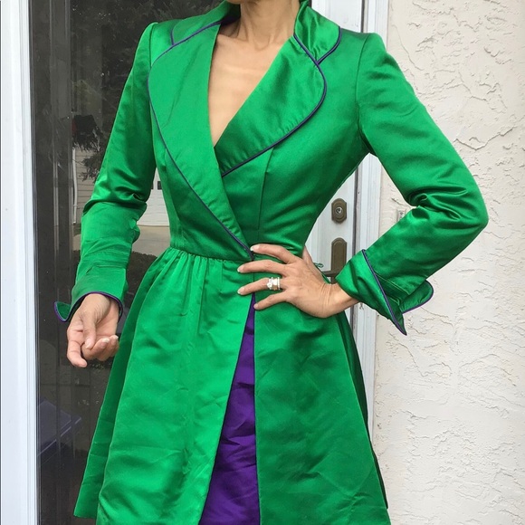 Vtg Bob Mackie satin coat dress tuxedo green XS - Picture 8 of 11